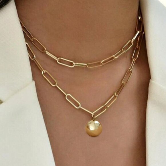 Yellow Gold Women's & Metal Punk Chain Necklace With Round Pendant - Picture 3 of 7